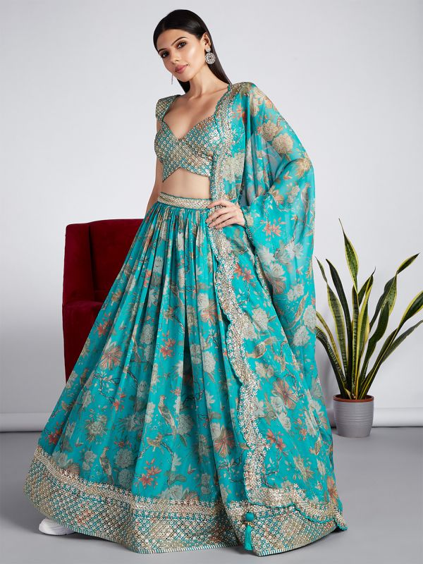 Sky Blue Organza Lehenga With Blouse In Floral Print