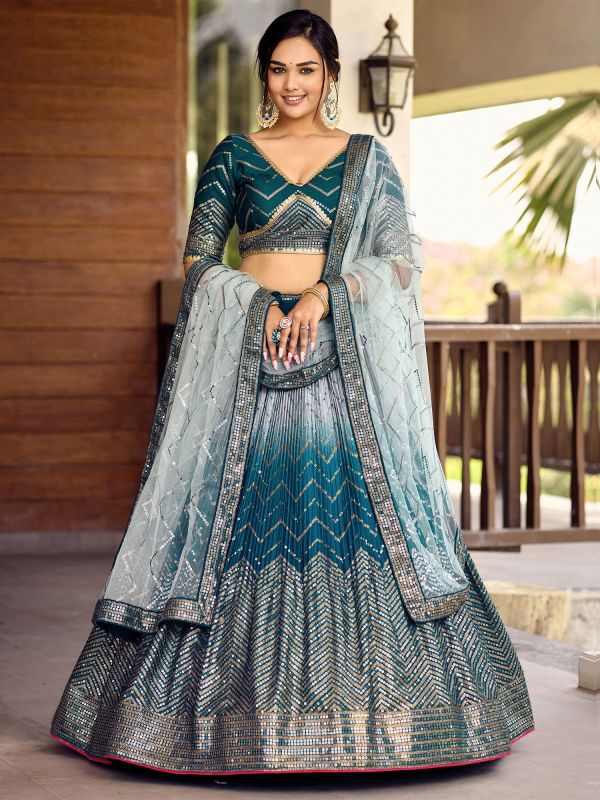 Teal Blue Pleated Style Shaded Lehenga Choli In Sequins Embroidery