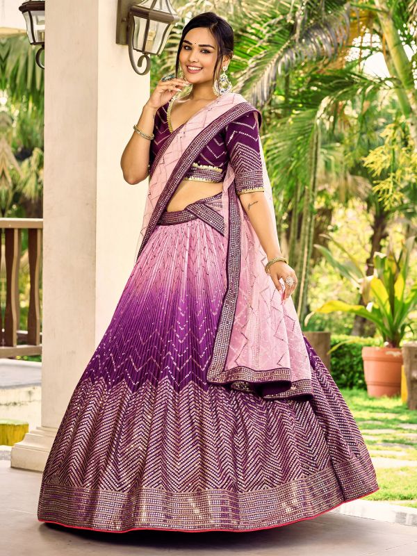 Purple And Pink Shaded Lehenga Choli In Chinon Silk With Sequins Work