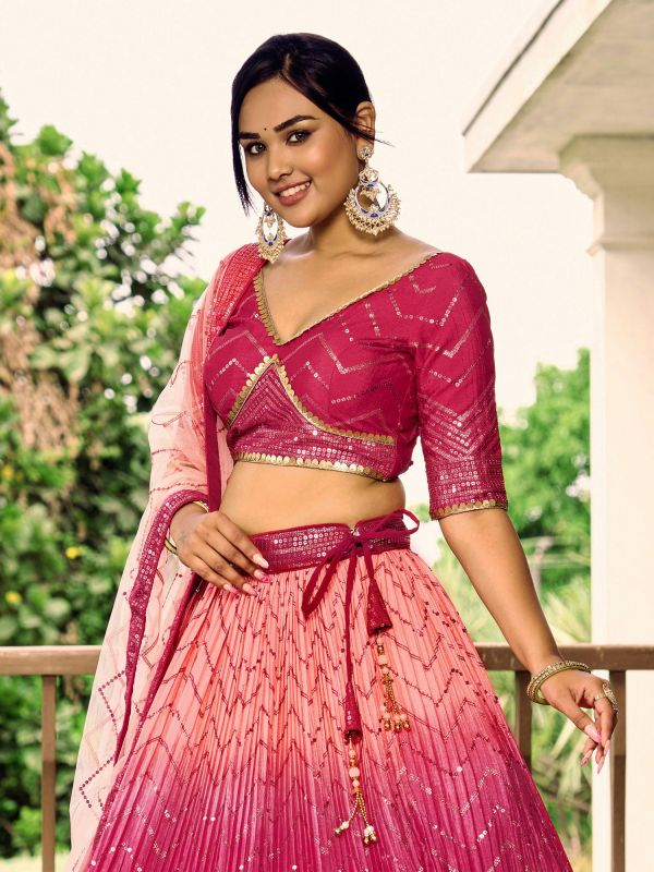 Pink Shaded Lehenga Choli In Sequins Embellishment With Pleated Pattern