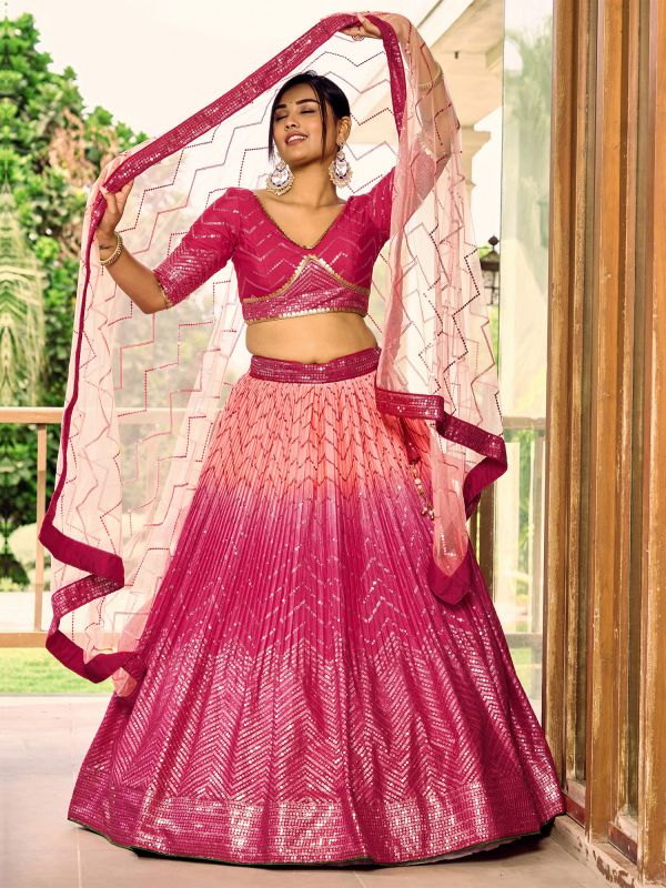 Pink Shaded Lehenga Choli In Sequins Embellishment With Pleated Pattern