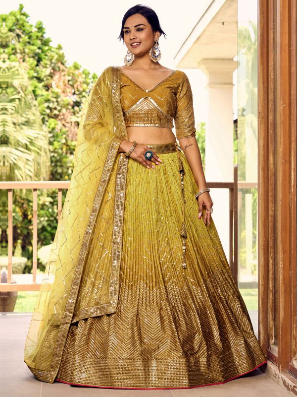 Mustard Yellow Pleated Lehenga Choli In Shaded Pattern With Sequins Work