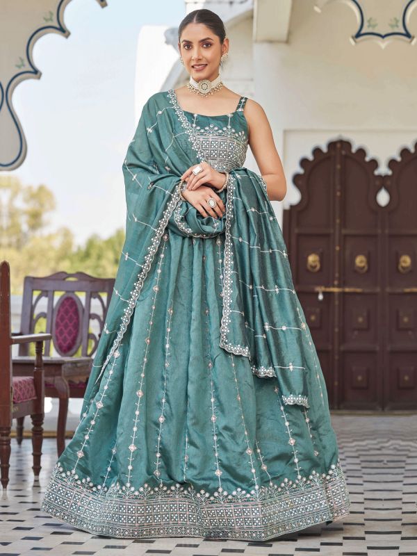 Teal Blue Lehenga Choli In Silk With Zari Work