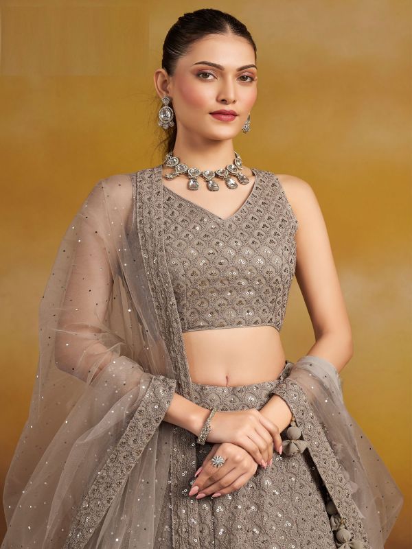 Brown Sequins Enhanced Georgette Lehenga Choli Set