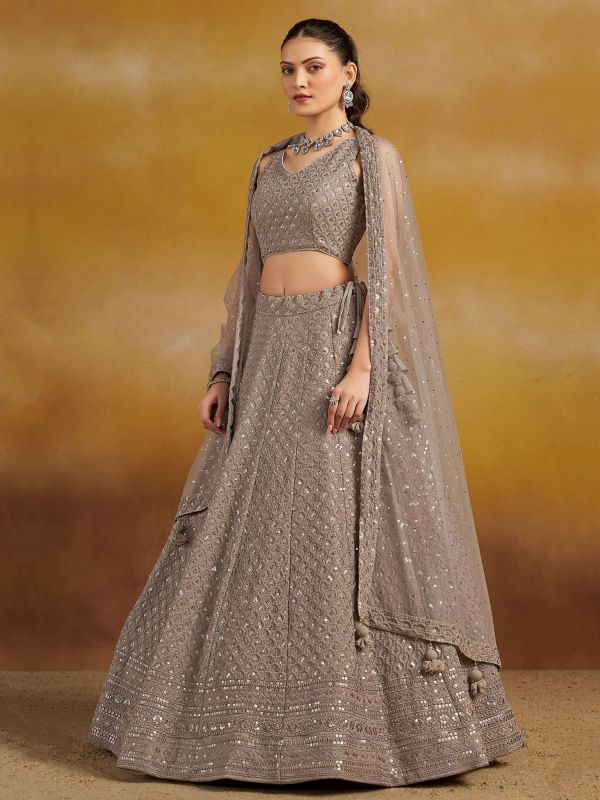 Brown Sequins Enhanced Georgette Lehenga Choli Set