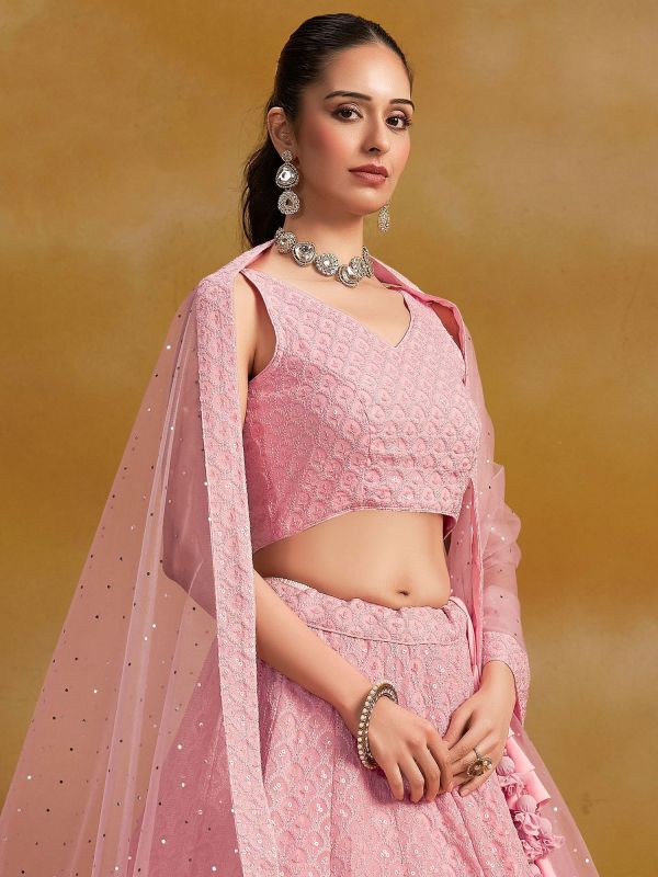 Pink Party Lehenga Set In Floral Thread Work