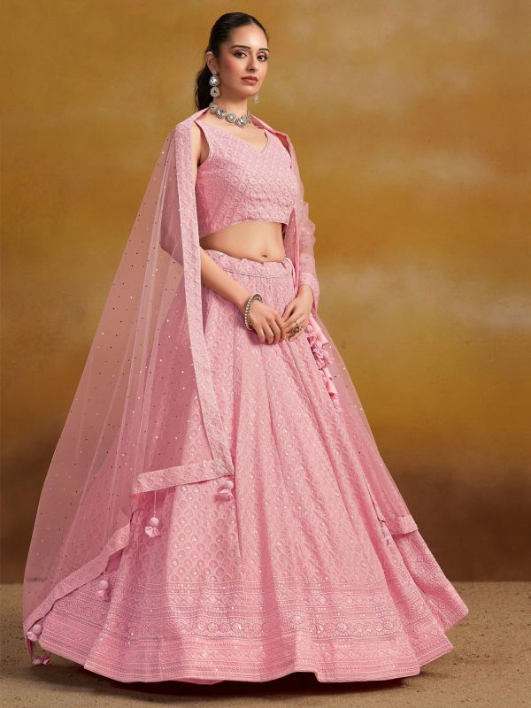 Pink Party Lehenga Set In Floral Thread Work