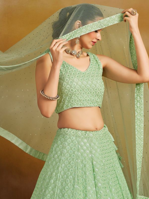 Green Embroidered Lehenga Choli With Net Dupatta