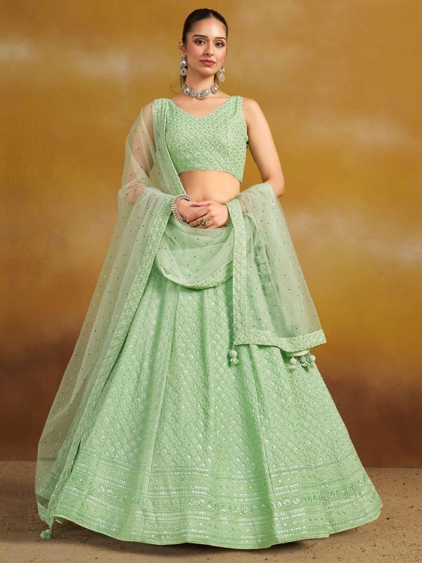 Green Embroidered Lehenga Choli With Net Dupatta
