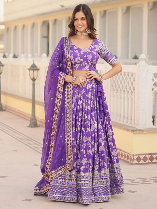 Purple Lehenga Set With Sequins Embroiederd In Jacquard