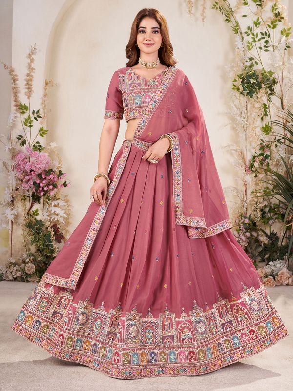 Pink Bridesmaid Lehenga Choli Set With Sequins Work