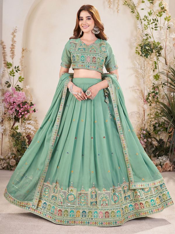 Mint Green Sequins Augmented Lehenga Set