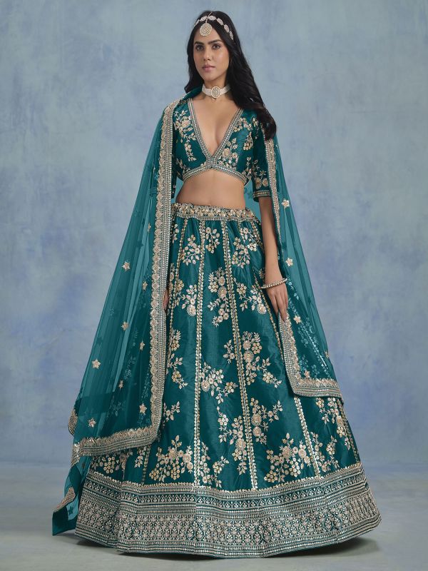 Rama Green Silk Lehenga Choli With Zari Embroiederd