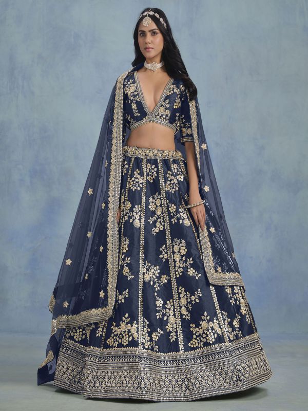 Navy Blue Zari Work Festive Lehenga Choli In Silk