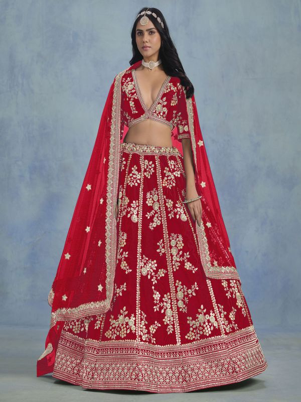 Bright Red Sequins Enhanced Art Silk Lehenga Choli