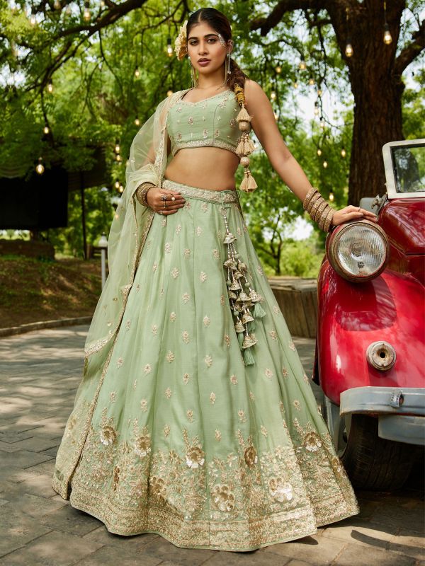 Pista Green Sequins Enhanced Chiffon Lehenga Choli