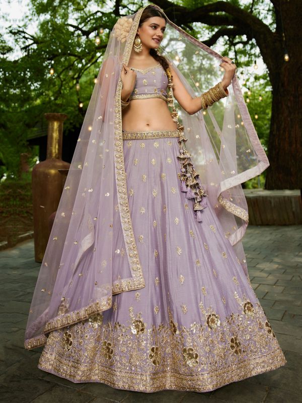 Lilac Zari Work Bridesmaid Lehenga Set In Chiffon