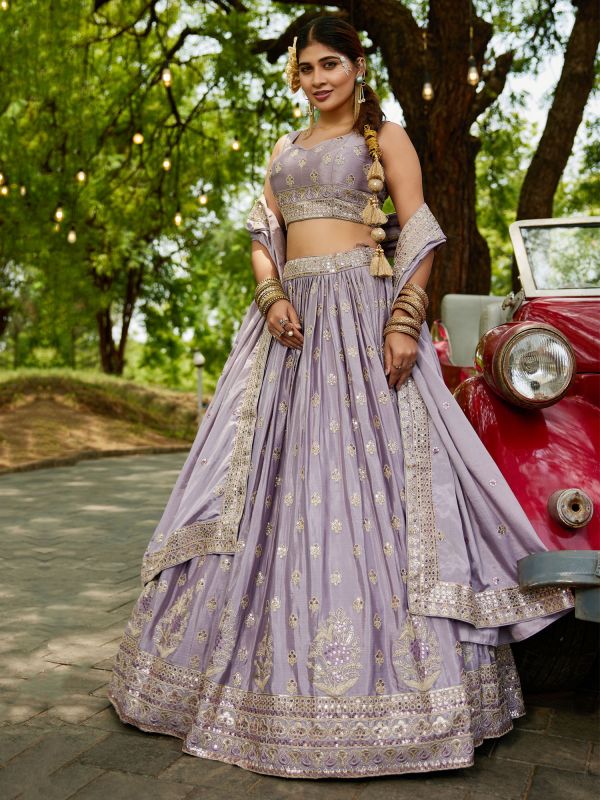 Lilac Embroidered Party Wear Lehenga Choli Set
