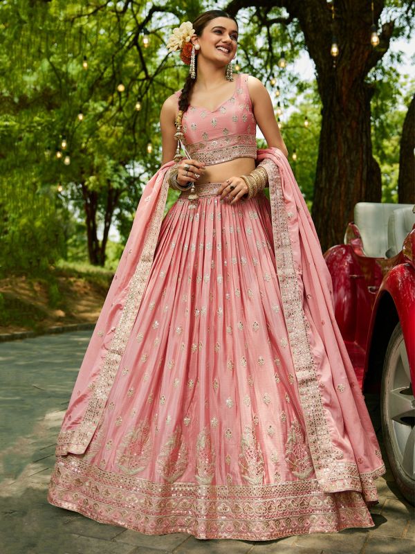 Peach Chiffon Lehenga Set In Heavy Embroidery