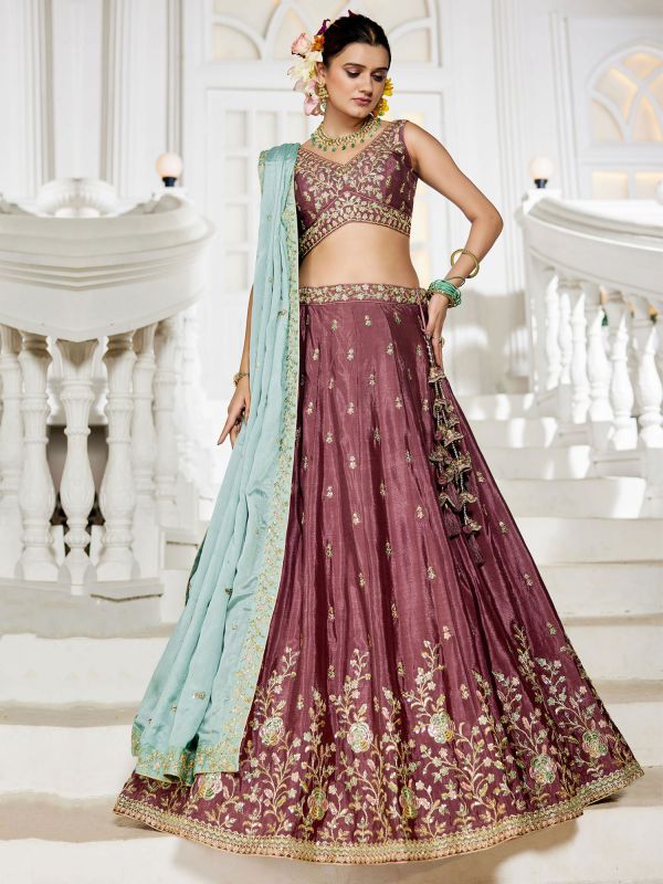Cordovan Maroon Floral Work Lehenga Set With Dupatta