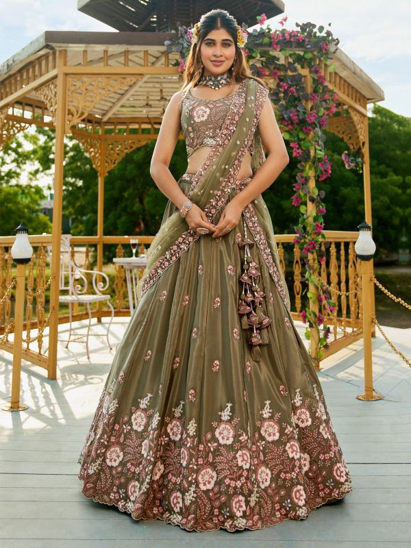 Olive Green Satin Lehenga Choli With Floral Embroidery