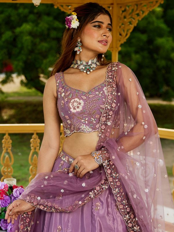 Purple Embroidered Lehenga Choli With Net Dupatta