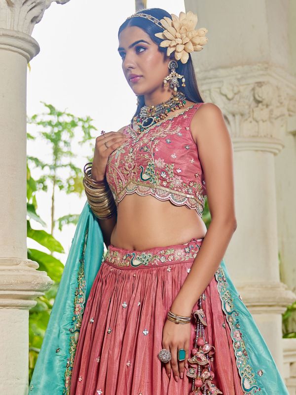 Blush Pink Embroidered Traditional Lehenga Set In Satin