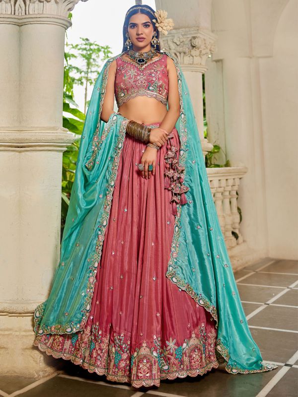Blush Pink Embroidered Traditional Lehenga Set In Satin