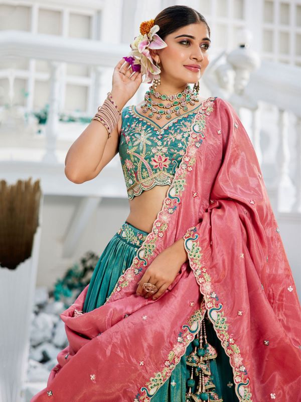 Teal Blue Sequins Embellished Satin Lehenga Choli