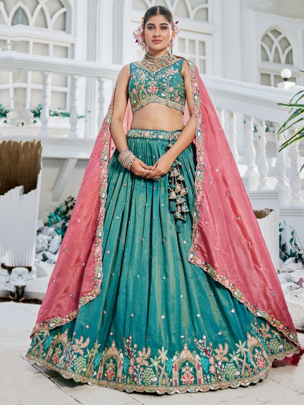 Teal Blue Sequins Embellished Satin Lehenga Choli