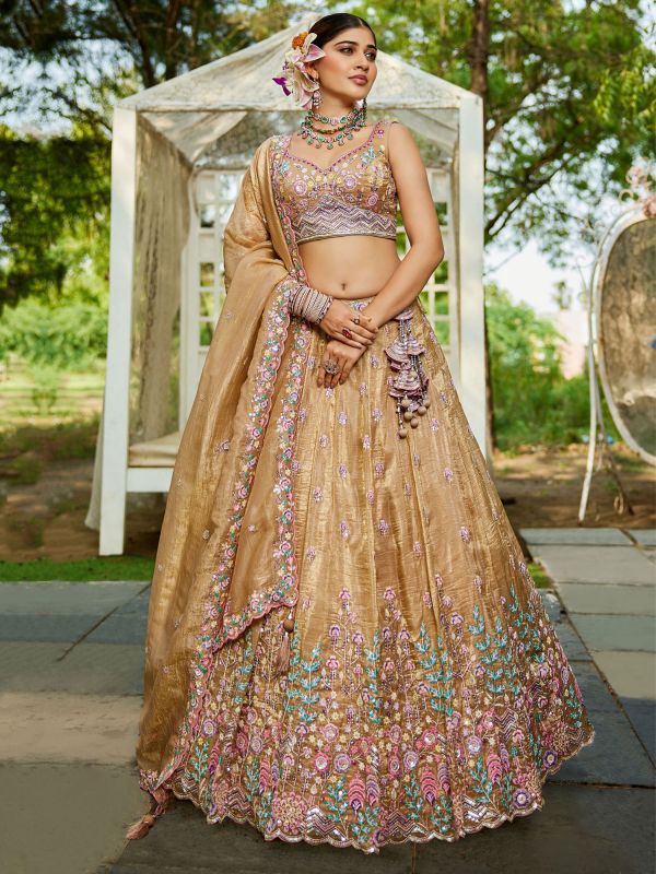 Golden Wedding Lehenga Set With Dupatta In Silk
