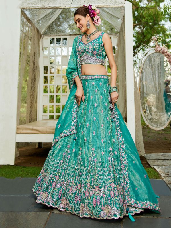 Turquoise Tissue Silk Lehenga Choli In Sequins Work