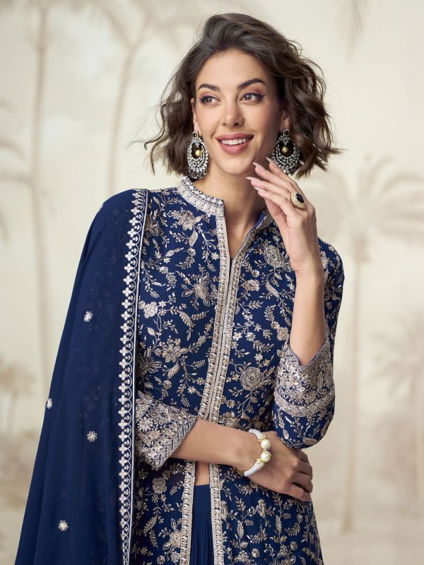 Blue Embroidered Wedding Lehenga Set With Dupatta