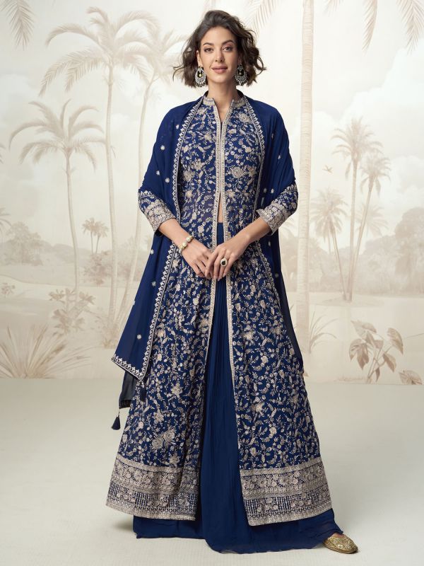 Blue Embroidered Wedding Lehenga Set With Dupatta
