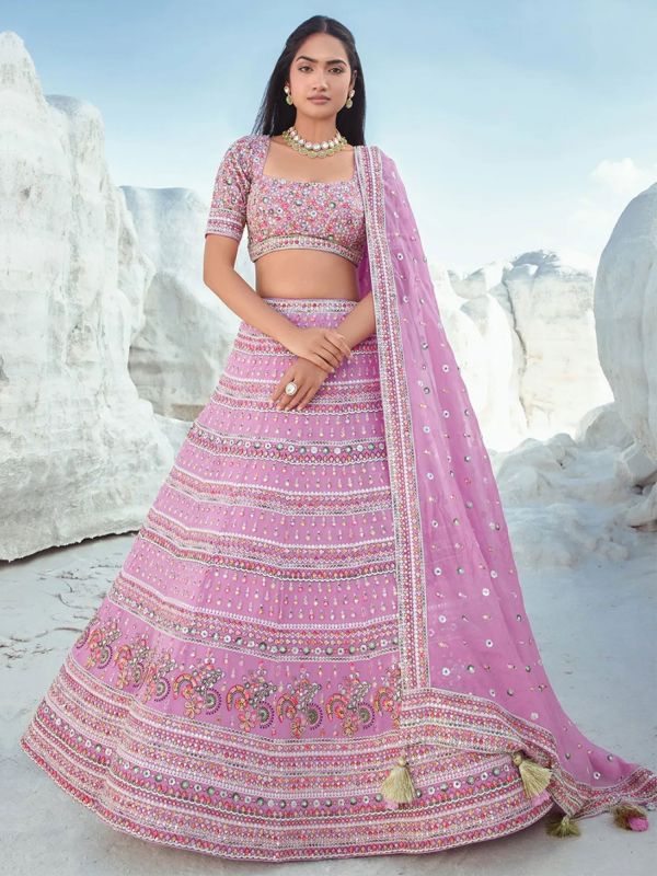 Pink Designer Lehenga Set With Organza Dupatta