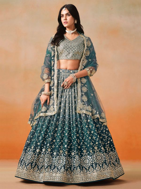Blue Heavy Embroidered Shaded Lehenga Choli