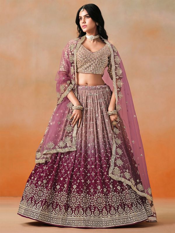 Wine And Mauve Sequins Enhanced Party Lehenga Set
