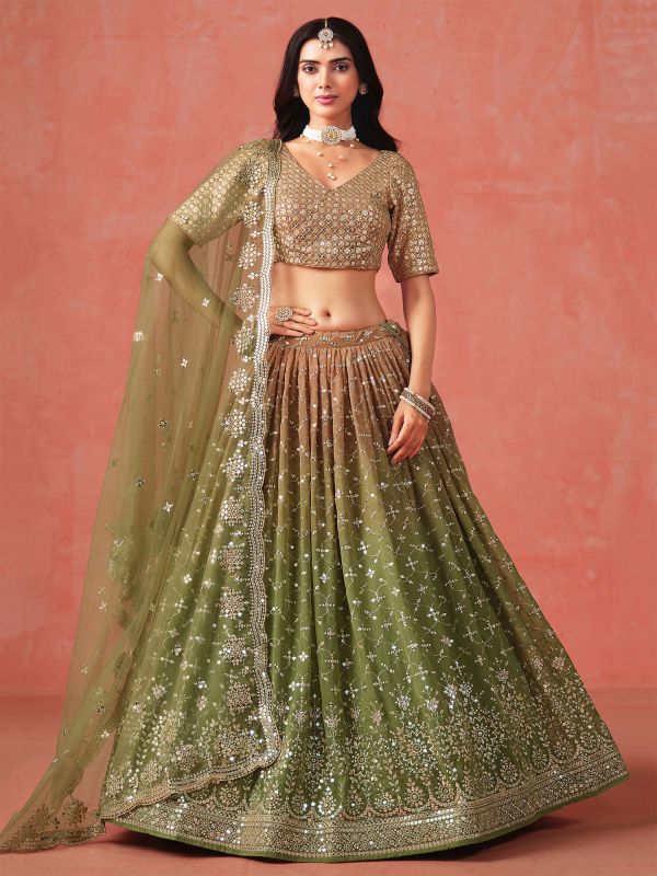 Brown And Green Shaded Lehenga Choli In Georgette
