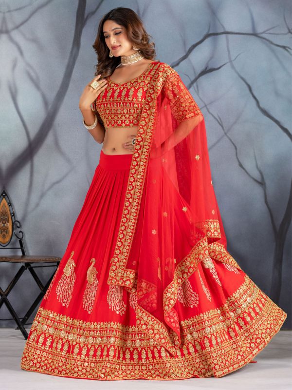 Bright Red Embroidered Georgette Lehenga Choli Set