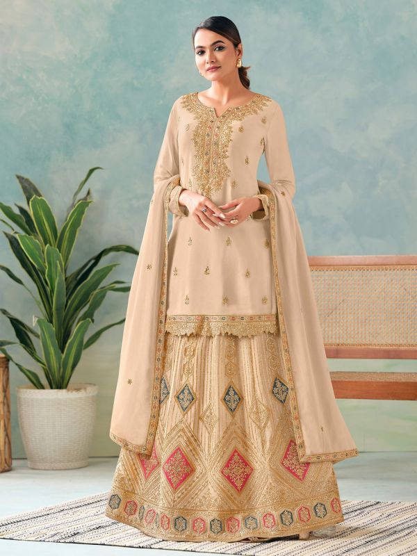 Beige Zari Embellished Indo Western Lehenga Choli