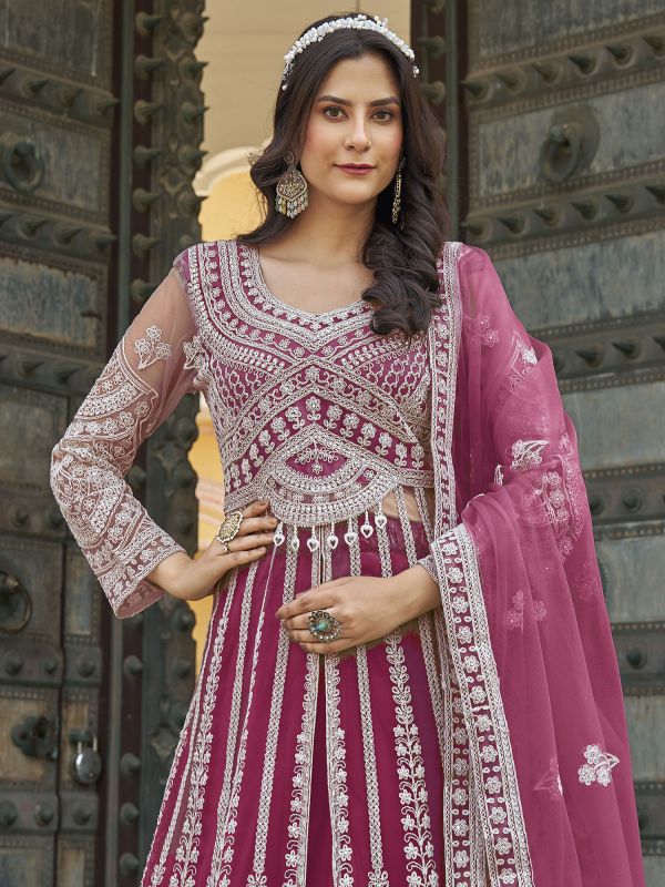 Rani Pink Embroidered Lehenga Set In Indo Style