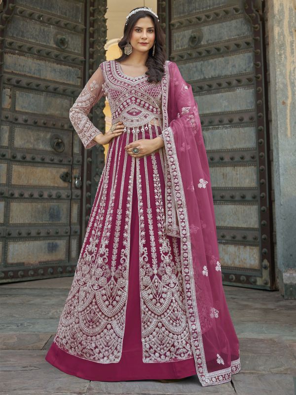 Rani Pink Embroidered Lehenga Set In Indo Style