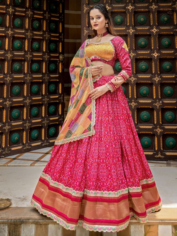 Bright Pink Traditional Lehenga Set In Bandhej Print