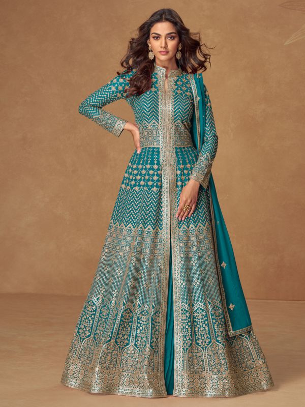 Blue Zari Work Lehenga Choli In Indo Style