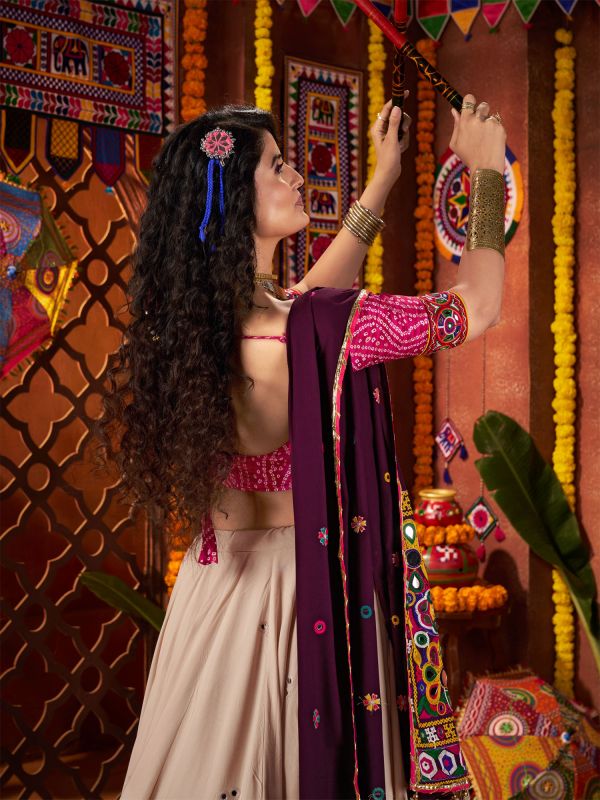 Beige Lehenga Set With Dupatta In Mirror Work