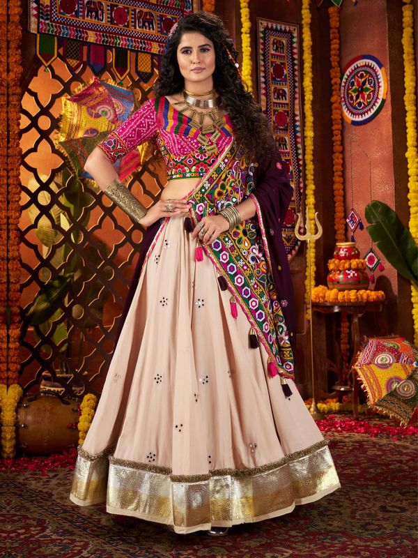 Beige Lehenga Set With Dupatta In Mirror Work