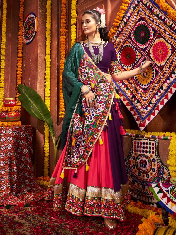 Red And Purple Cotton Navratri Lehenga Choli