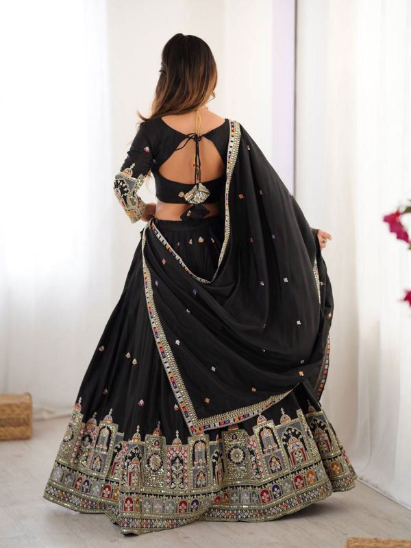 Black Floral Thread Embroidered Crepe Lehenga Set