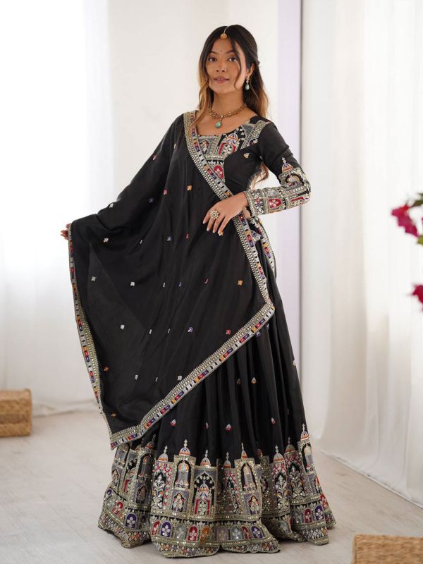 Black Floral Thread Embroidered Crepe Lehenga Set