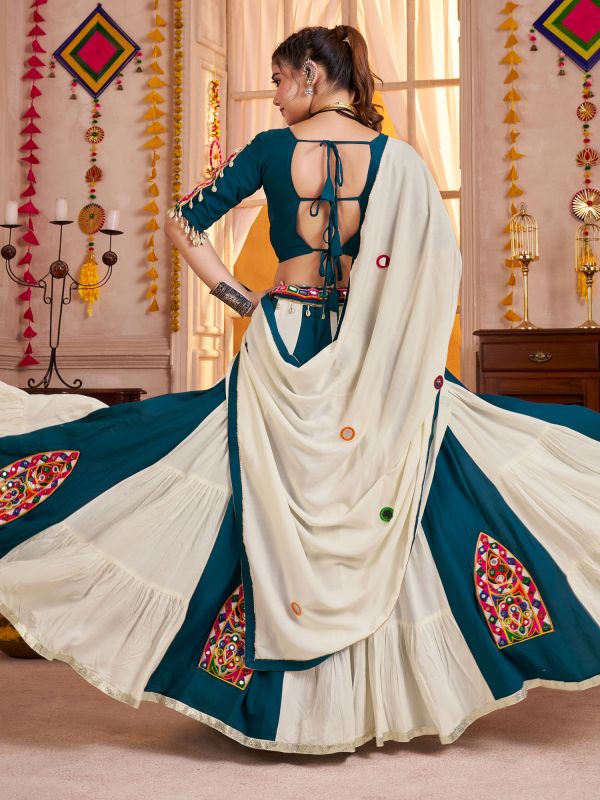 Off White And Blue Embroidered Festive Lehenga Set